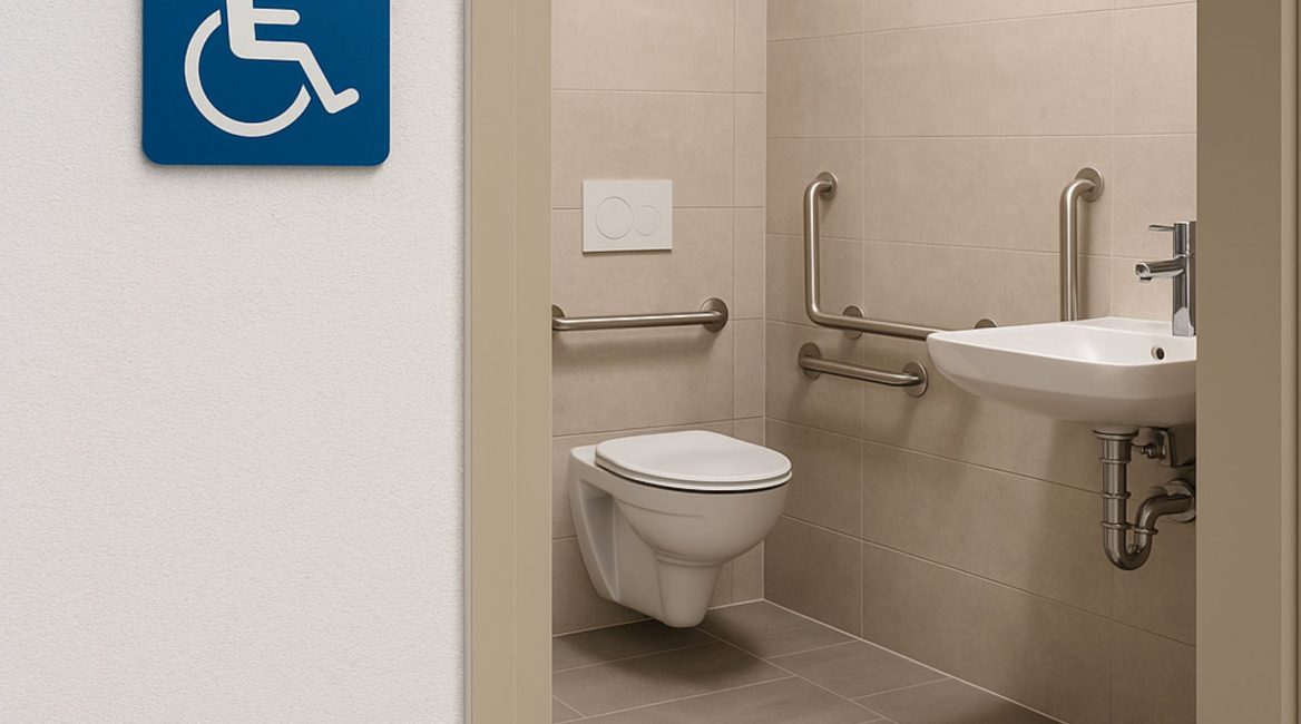 Salle de bain accessible aux personnes à mobilité réduite, équipée de barres d’appui, d’un lavabo adapté et d’une douche à l’italienne