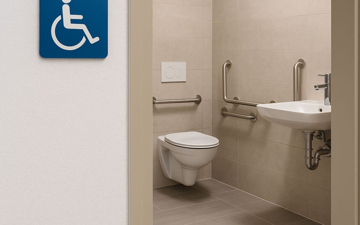 Salle de bain accessible aux personnes à mobilité réduite, équipée de barres d’appui, d’un lavabo adapté et d’une douche à l’italienne