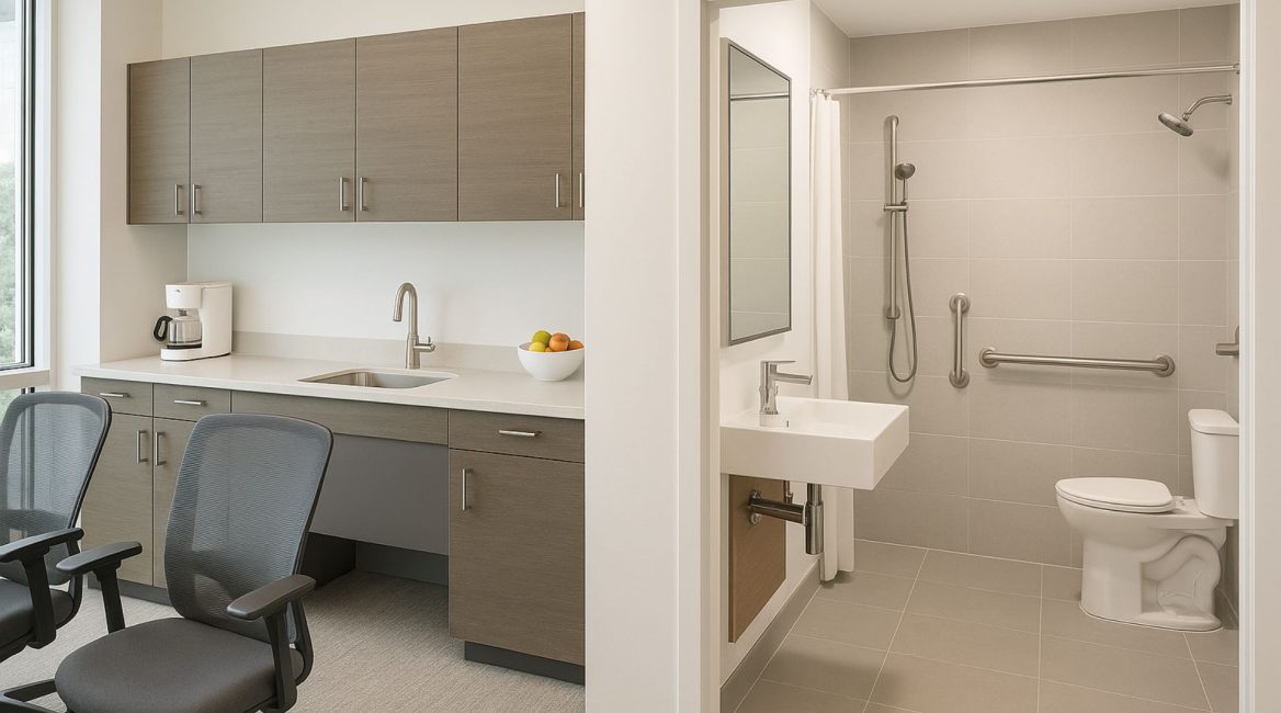 Cuisine et salle de bain rénovées dans un immeuble de bureaux, combinant confort moderne et accessibilité pour le bien-être des employés.