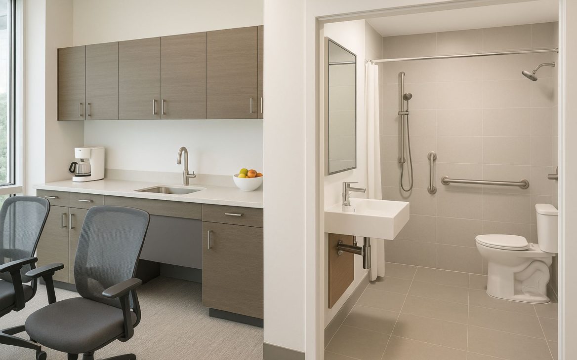 Cuisine et salle de bain rénovées dans un immeuble de bureaux, combinant confort moderne et accessibilité pour le bien-être des employés.