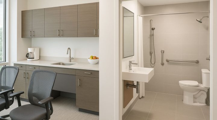 Cuisine et salle de bain rénovées dans un immeuble de bureaux, combinant confort moderne et accessibilité pour le bien-être des employés.