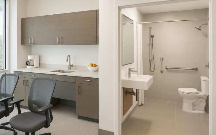 Cuisine et salle de bain rénovées dans un immeuble de bureaux, combinant confort moderne et accessibilité pour le bien-être des employés.